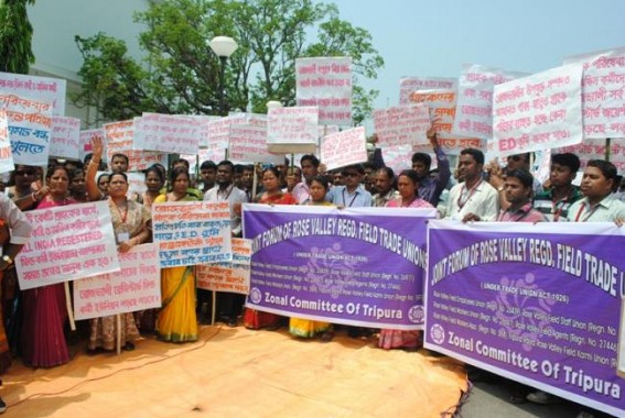 Rose Valley agent stages sit in demonstration seeking resume of rose valley in Tripura